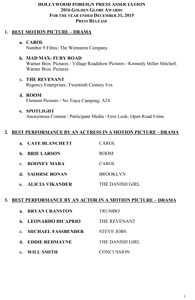 OFFICIAL 2016 Golden Globe Nominations OFFICIAL 2016 Golden Globe Nominations