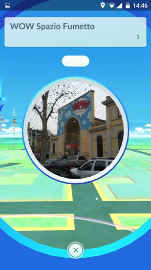 Schermata di Pokémon GO con WOW Spazio Fumetto, luogo in cui si tiene la mostra POKÉMANIA! Pokémon GO con WOW Spazio Fumetto
