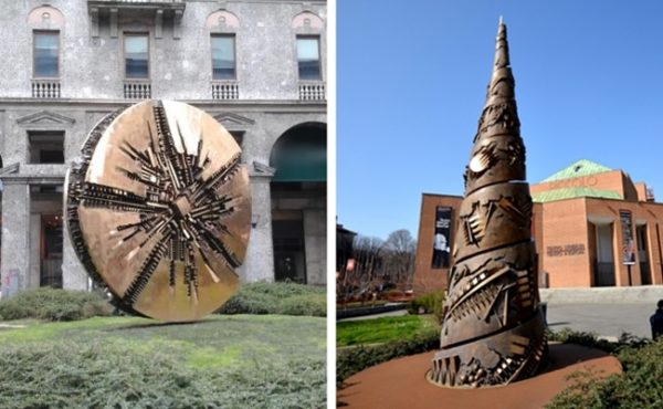 Arte contemporanea a Milano il Disco Solare di piazza Meda e la Torre a Spirale davanti al Teatro Strehler