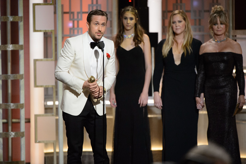 Alla cerimonia del Golden Globes 2017 Ryan Gosling ritira il premio per la sua performance nel film La La Land - Ph: HFPA Photographer Ryan Gosling ai Golden Globes 2017