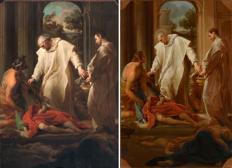 Quinto Dialogo. Attorno al Settecento. Pompeo Batoni e Milano - A sinistra: Il Beato Bernardo Tolomei assiste le vittime della peste. A destra: “modello” della bottega di Pompeo Batoni Quinto Dialogo. Attorno al Settecento. Pompeo Batoni e Milano - A sinistra: Il Beato Bernardo Tolomei assiste le vittime della peste. A destra: “modello” della bottega di Pompeo Batoni