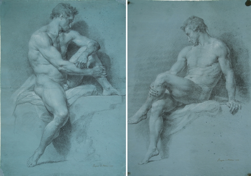 Quinto Dialogo. Attorno al Settecento. Pompeo Batoni e Milano - Nudo seduto di profilo e Nudo seduto con gamba accavallata (1775) Quinto Dialogo. Attorno al Settecento. Pompeo Batoni e Milano - Nudo seduto di profilo e Nudo seduto con gamba accavallata (1775)