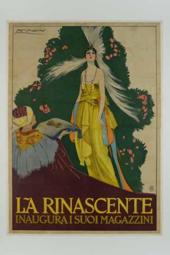 Achille Luciano Mauzan, La Rinascente inaugura i suoi magazzini, 1917, manifesto, cromolitografia su cartone, 194 x 139,5 cm, Officine G. Ricordi & Co., Milano Museo Nazionale Collezione Salce, Treviso