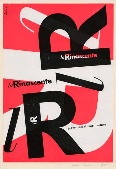 Max Huber, La Rinascente - lR,1951, pagina pubblicitaria, stampa, 29,3 x 20,3 cm Archivio Max Huber Max Huber, La Rinascente - lR,1951, pagina pubblicitaria, stampa, 29,3 x 20,3 cm Archivio Max Huber