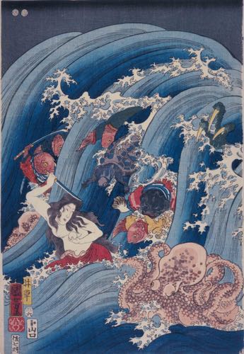 Utagawa Kuniyoshi. La principessa Tamatori ruba il sacro gioiello dal Palazzo del Drago (Ry”g” Tamatori hime no zu), 1853. Trittico diōbansilografia policroma (nishikie) 37,7x25,5 cm ciascuno. Masao Takashima Collection KUNIYOSHI