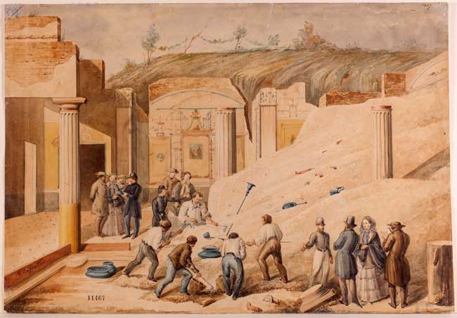 Scavo archeologico a Pompei Luigi Capaldo, 1850-1899 China e acquarello su carta vergata 31,5 x 45,4 cm Museo Nazionale di San Martino, Napoli Polo Museale della Campania Ercolano e Pompei: Luigi Capaldo, Scavo archeologico a Pompei