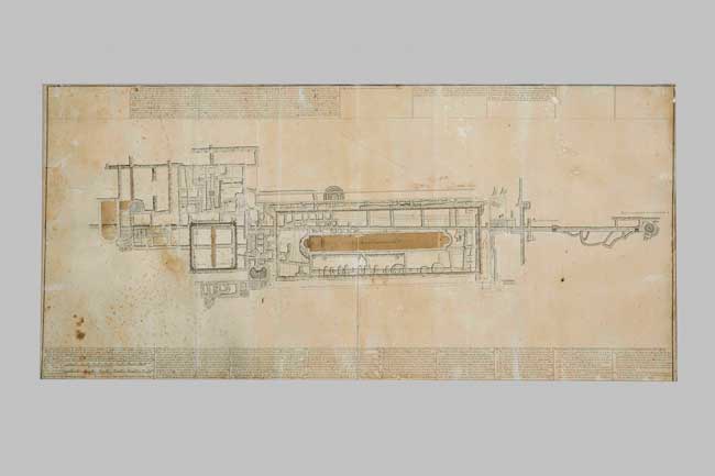 Planimetria della Villa dei Papiri Karl Jakob Weber, 1754-1758 Inchiostro, matita e acquarello su carta 59 x 135 cm Museo Archeologico Nazionale, Napoli Ercolano e Pompei: Karl Jakob Weber, Planimetria della Villa dei Papiri