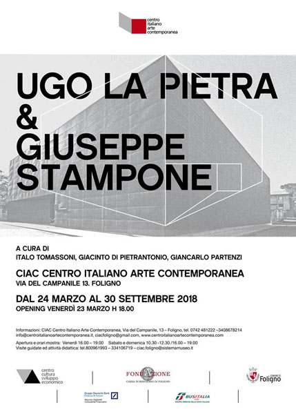 la locandina delle mostre di Ugo La pietra e Giuseppe Stampone al CIAC ugo la pietra e giuseppe tampone in mostra a foligno poster