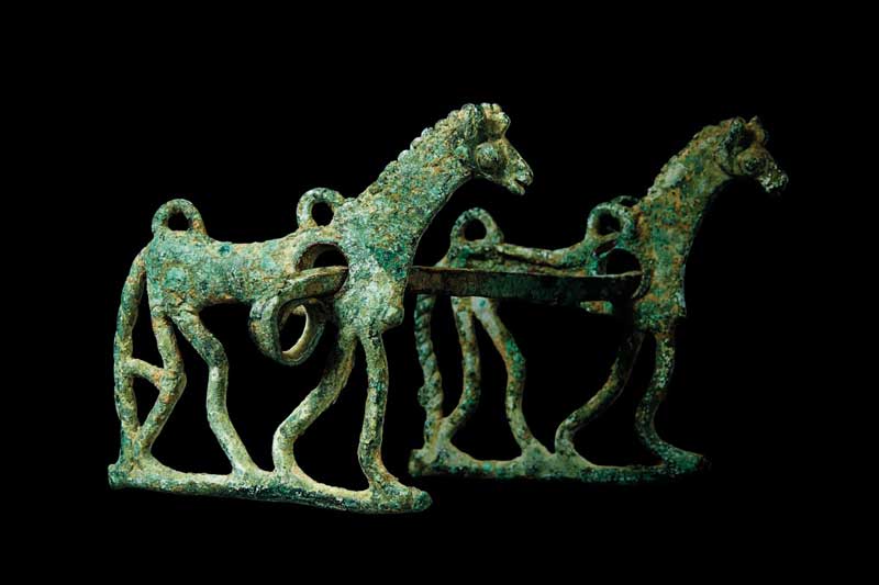 il morso in bronzo raffigurante cavalli sulla locandina della mostra in Pinacoteca - Foto: Michele Ostini Morso raffigurante cavalli, collezione Giannelli - Foto: Michele Ostini