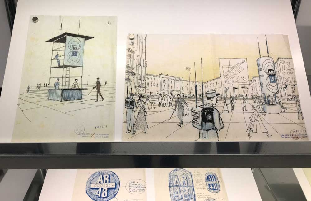 schizzi colorati di Achille Castiglioni in mostra al m.a.x. museo - Achille Castiglioni 7_ANIE Allestimento generale per la XV Mostra Nazionale della Radio, Palazzo dell'Arte, Milano (25 settembre - 4 ottobre 1948) - Progettisti: Achille e Pier Giacomo Castiglioni - Committente: ANIE - Allestitore: Chiesa e C. S.r.l., Milano - Schizzo colorato - Fondazione Achille Castiglioni schizzi colorati di Achille Castiglioni in mostra al m.a.x. museo - Photo © MaSeDomani