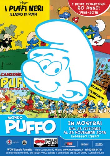 la locandina della mostra Mondo Puffo al Museo WOW mostra mondo puffo poster