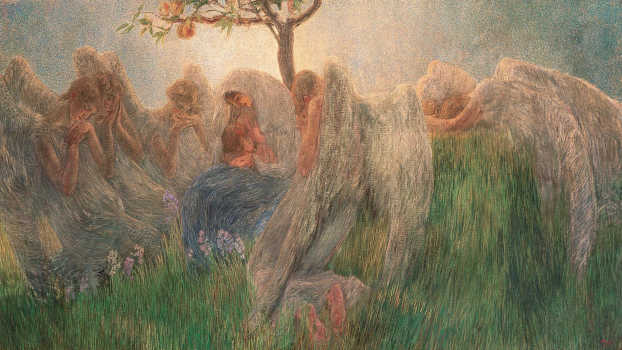 Gaetano Previati, Maternità, 1890-1891. Olio su tela, 175,5x412 cm, firmato in basso a destra. Banco BPM